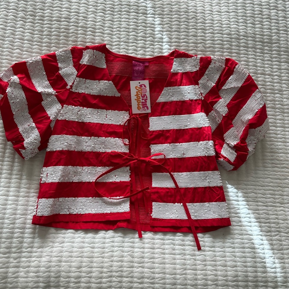 Queen of Sparkles Red and White Striped  Top NWT